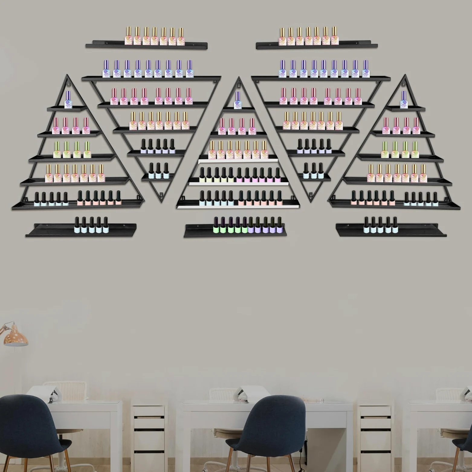 10 Stück Dreieckiges Nagellackregal, 5 Etagen Metal Nagellack-Wandregal, Wandmontiert Nagellack Kosmetik Display-Ständer für Geschäfte, Nagelstudios, Beauty-Shops (Schwarz)