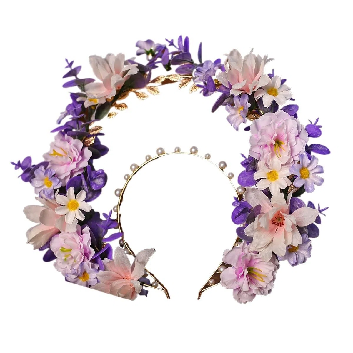 Blumenkranz Haare Vintage Gold Farbe Tiara Kronen for Frauen Braut Künstliche Blumen Perle Prinzessin Haarband Diadems Hochzeit Haar Zubehör(Color4)