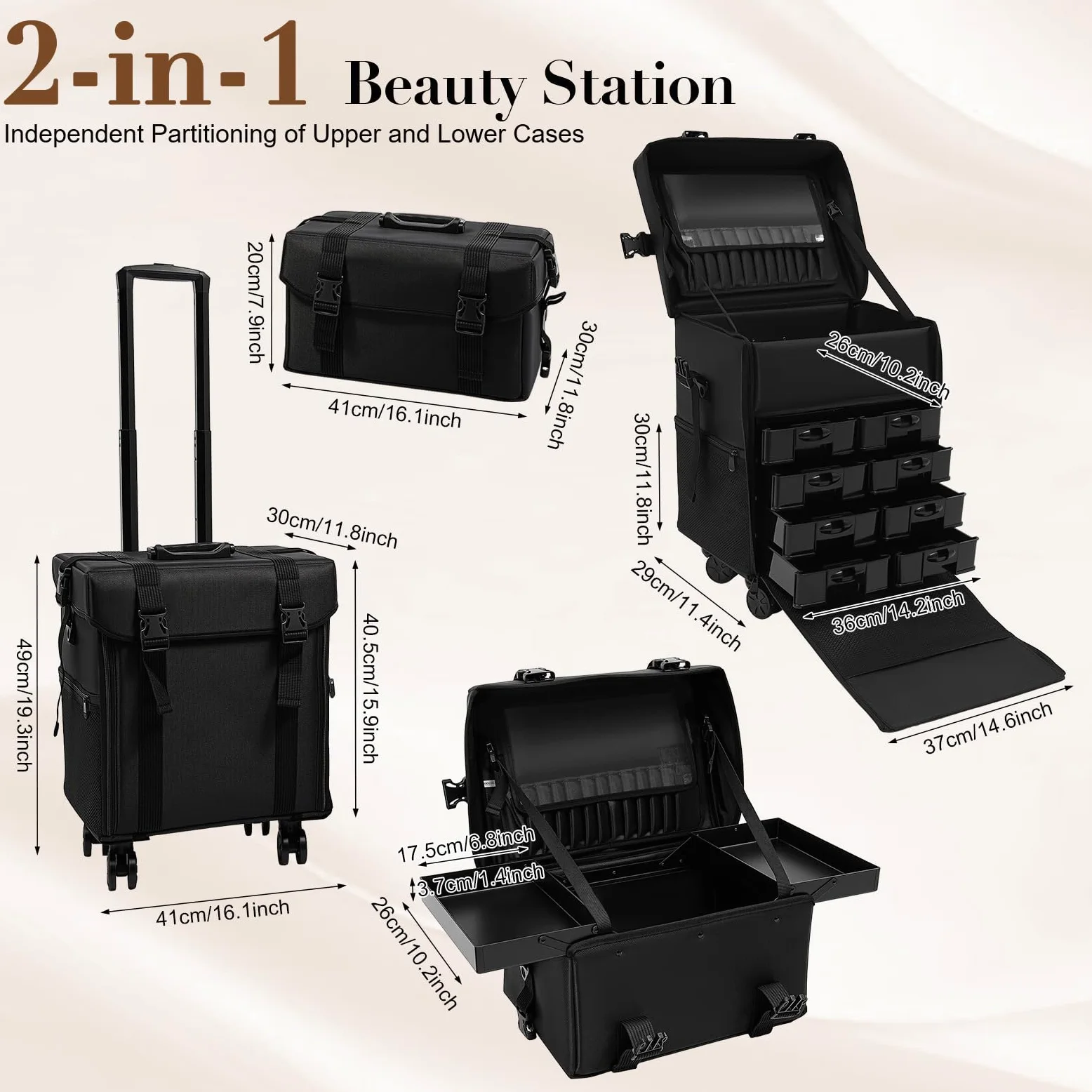 2 in 1 Kosmetikkoffer, Abnehmbarer Kosmetikkoffer Trolley mit Rollen und Deichsel, Professioneller Schminkkoffer für Hairstylisten, Kosmetiker, Make-up-Künstler