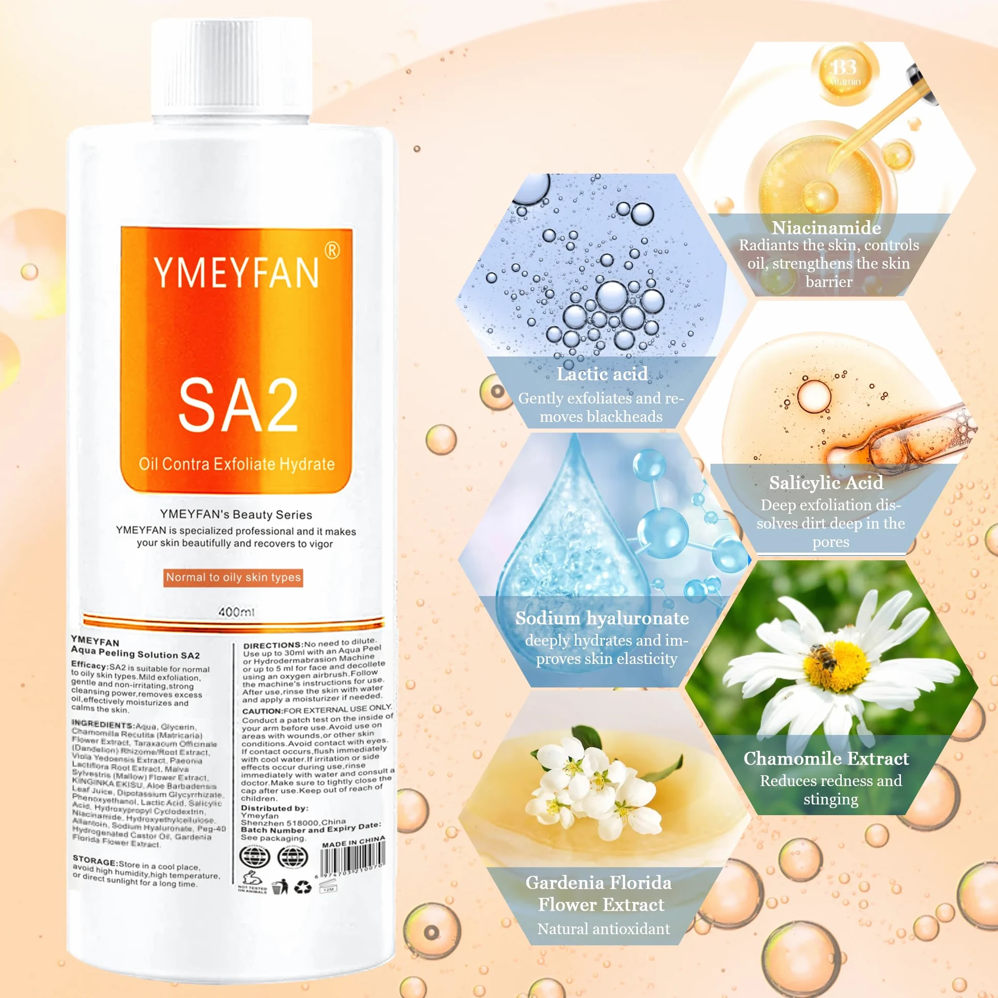 YMEYFAN Aquafacial Lösungen(English Ver.), AS1 SA2 AO3 Aqua Peeling Solution für Professionelle aqua facial gerät, Hydra Gesichtsbehandlung lösung, reinigendes, Peeling (400 ml/3 Flaschen)