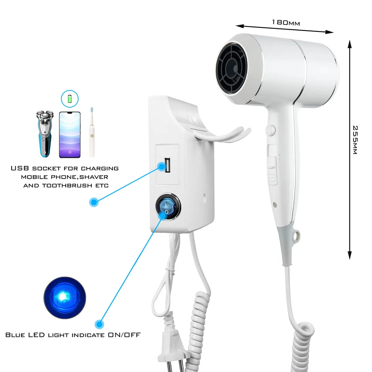 QL Haartrockner mit Wandhalterung 2000 W 10 Millionen Negativ-Ionen Weiß | Wandmontage Zum Bohren,USB,LED,3 Hitzestufen,2 Geschwindigkeit,Cool Air,ThermoProtect,Automatische Abschaltung Konzentrator