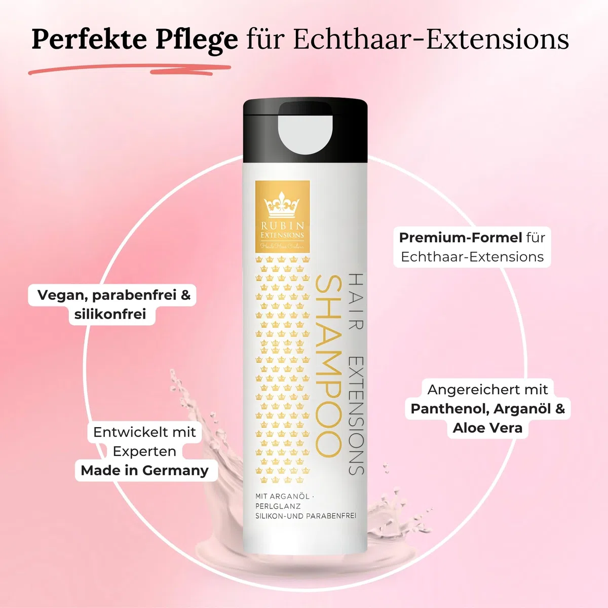Rubin Extensions Komplett-Pflegeset – Conditioner 200 ml, Shampoo 250 ml, 2‑Phasen Spray 200 ml & Haarserum 50 ml – Extensions Pflege für Haarverlängerungen, Echthaar & Perücken – Sulfatfrei, Keratin