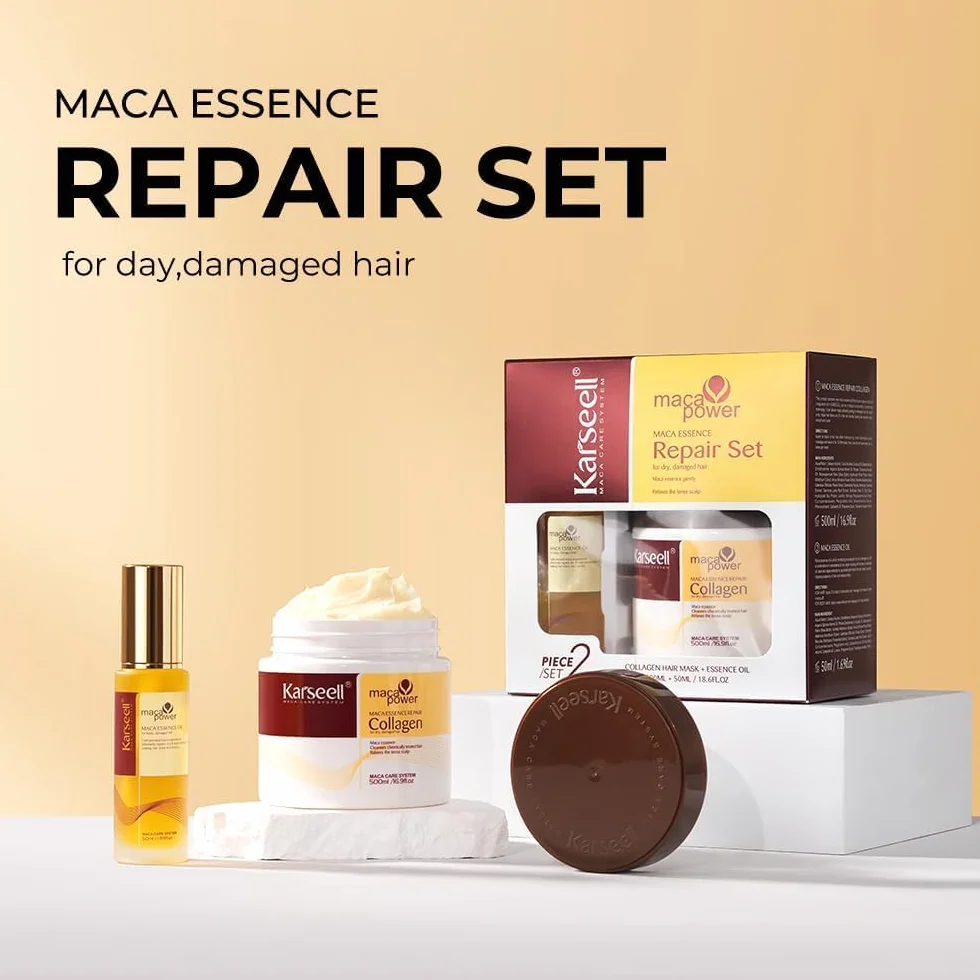 Karseell Maca Essenz Reparatur Set, Kollagen Haarmaske & Haaröl Tiefenreparatur Haarpflege für Trockenes Geschädigtes Haar Alle Haartypen 500ml + 50ml