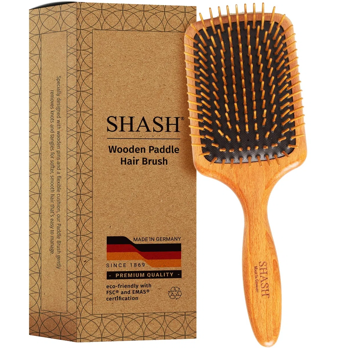 SHASH Seit 1869 Handgefertigt in Deutschland | Nachhaltige Holz-Paddelbürste - Entwirrt, Frisiert, Glättet und Pflegt das Haar, Minimiert Frizz und Bruch, Sicher für Alle Haartypen, Nass oder Trocken