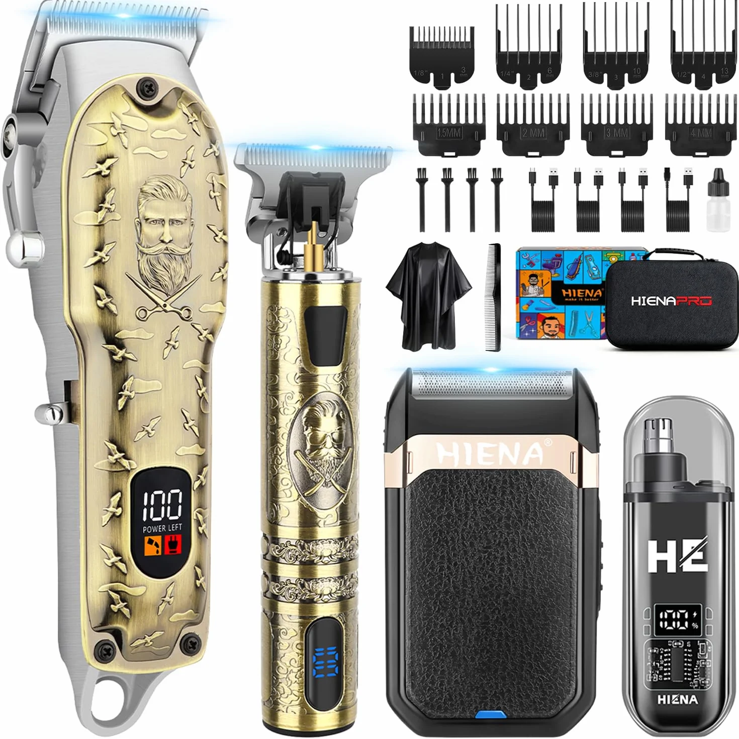 HIENA PRO Profi Haarschneidemaschine für Herren, Schnurloser Haarschneider Bartschneider Folienrasierer Nasentrimmer Set, USB Wiederaufladbares Komplettset Elektrisches Haarschneide-Kit (814 Set)