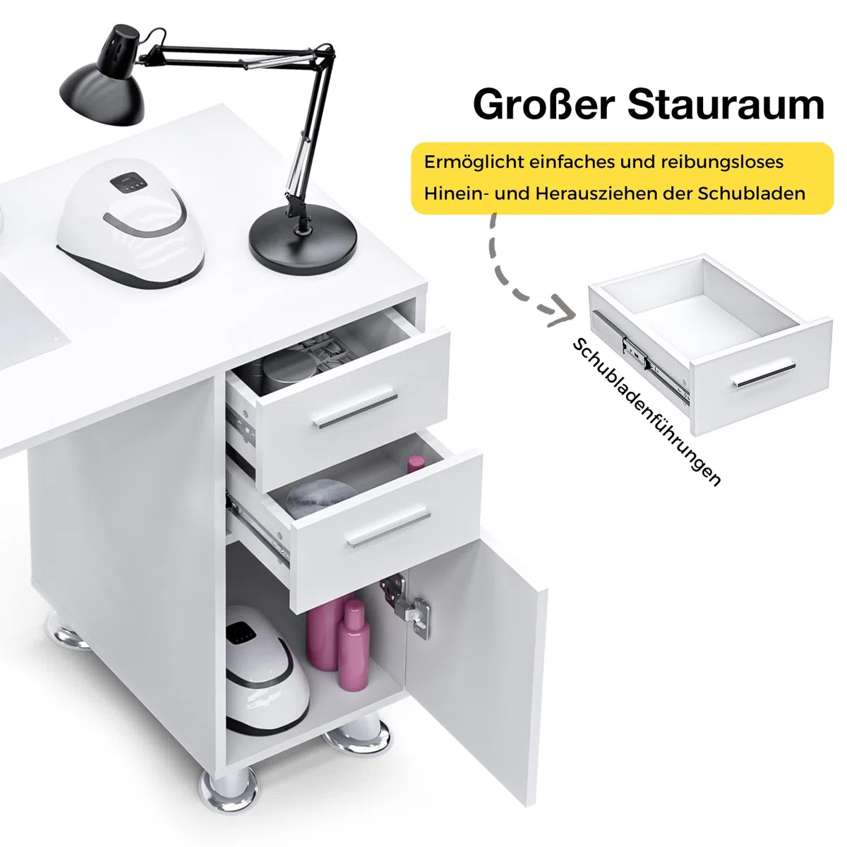 Nageltisch mit Staubabsaugung | Profi Manikürtisch für Nageldesign | Stabiler Nagelstudio Tisch mit 2 Schränken, 2 Schubladen, Handauflage & 4 Staubsaugerbeuteln (Weiß)