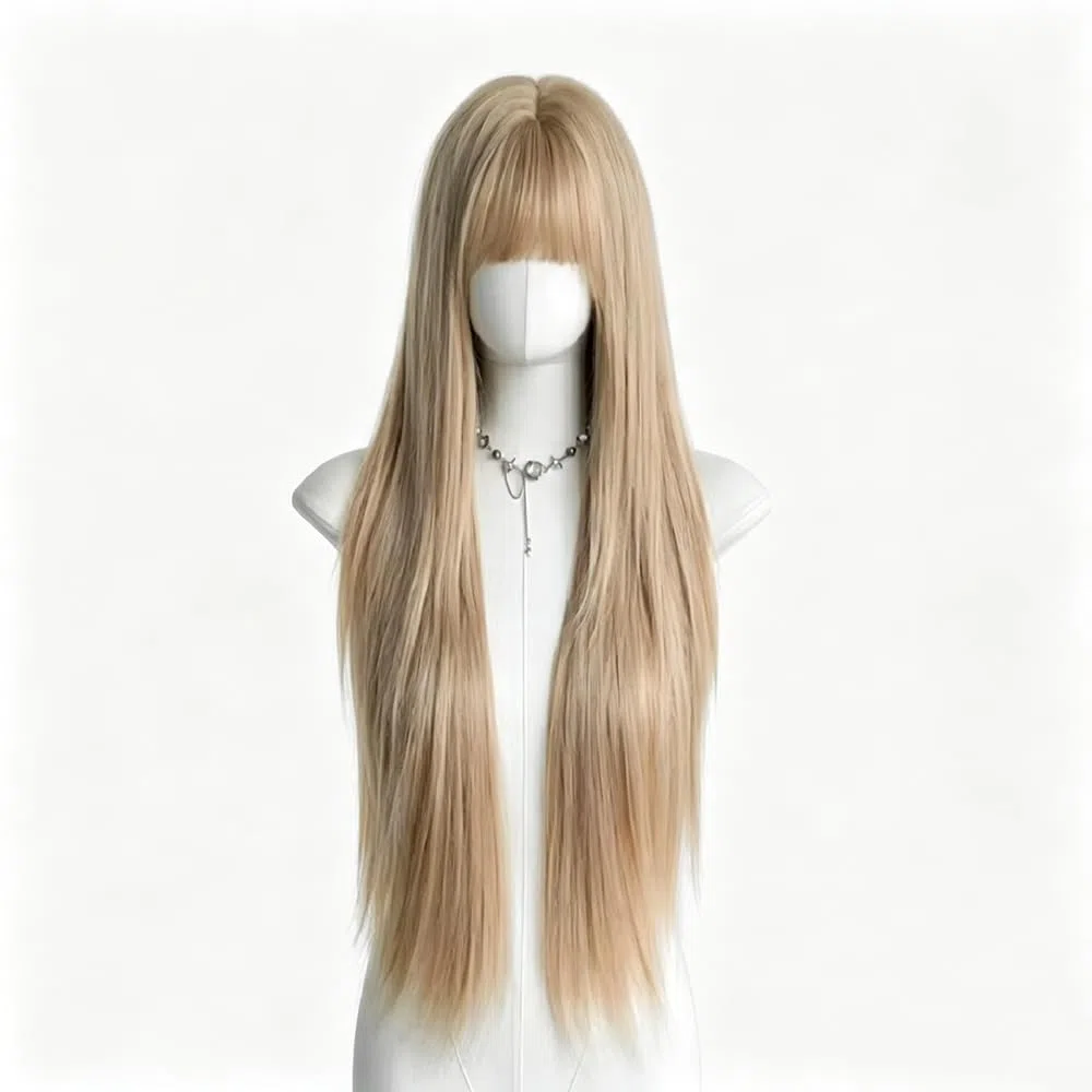 Haarpflege 28-Zoll-blonde Lange Geschichtete Gerade Perücken Für Frauen Superlange Gerade Perücke Mit Pony Hitzebeständige Faserperücken