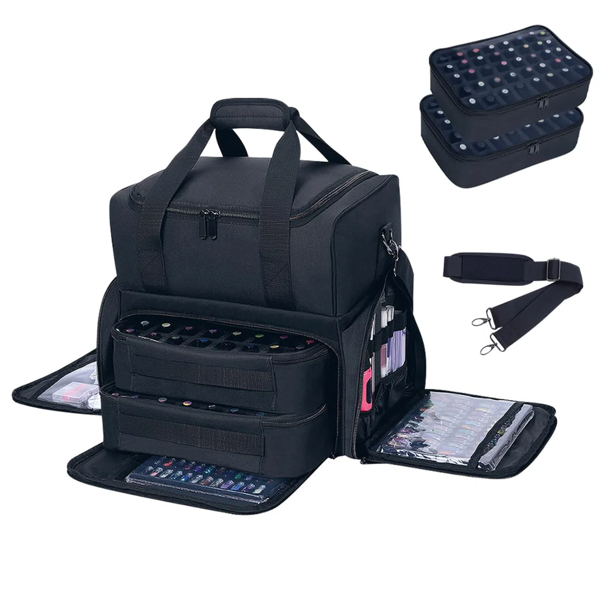 Nagellack Organizer Nagellack Aufbewahrung hält 80 Flaschen (15ml - 0,5 FL.oz) und eine Nagellampe, Nagellack Tasche mit 2 abnehmbaren Taschen und Werkzeugen Aufbewahrungsbereiche,Schwarz
