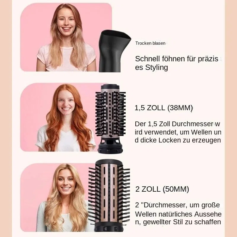 Praktischer, Rotierender Haartrockner Bürste In Rosa Mit Zwei Abnehmbaren Bürsten Größen Für Alle Haartypen Und Stylings Möglichkeiten