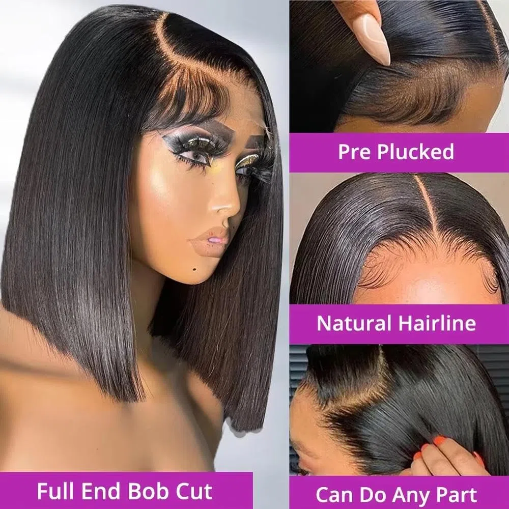 Haarpflege Kurze Gerade Bob-Perücke Mit Spitzenfront Vorgezupftes Echthaar Für Frauen(13x4,150%_10INCHES)