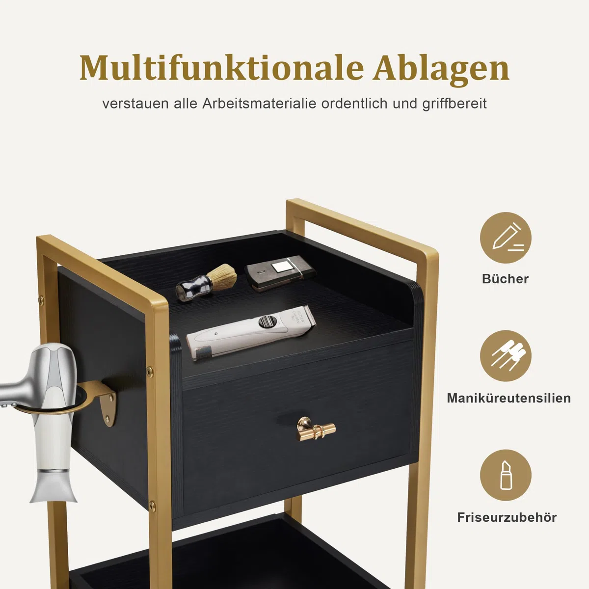 M MCombo Friseurwagen mit Rollen & 3 Schubladen, Rollwagen Servierwagen, Salon Trolley, 30x40x95cm, Schwarz-Gold
