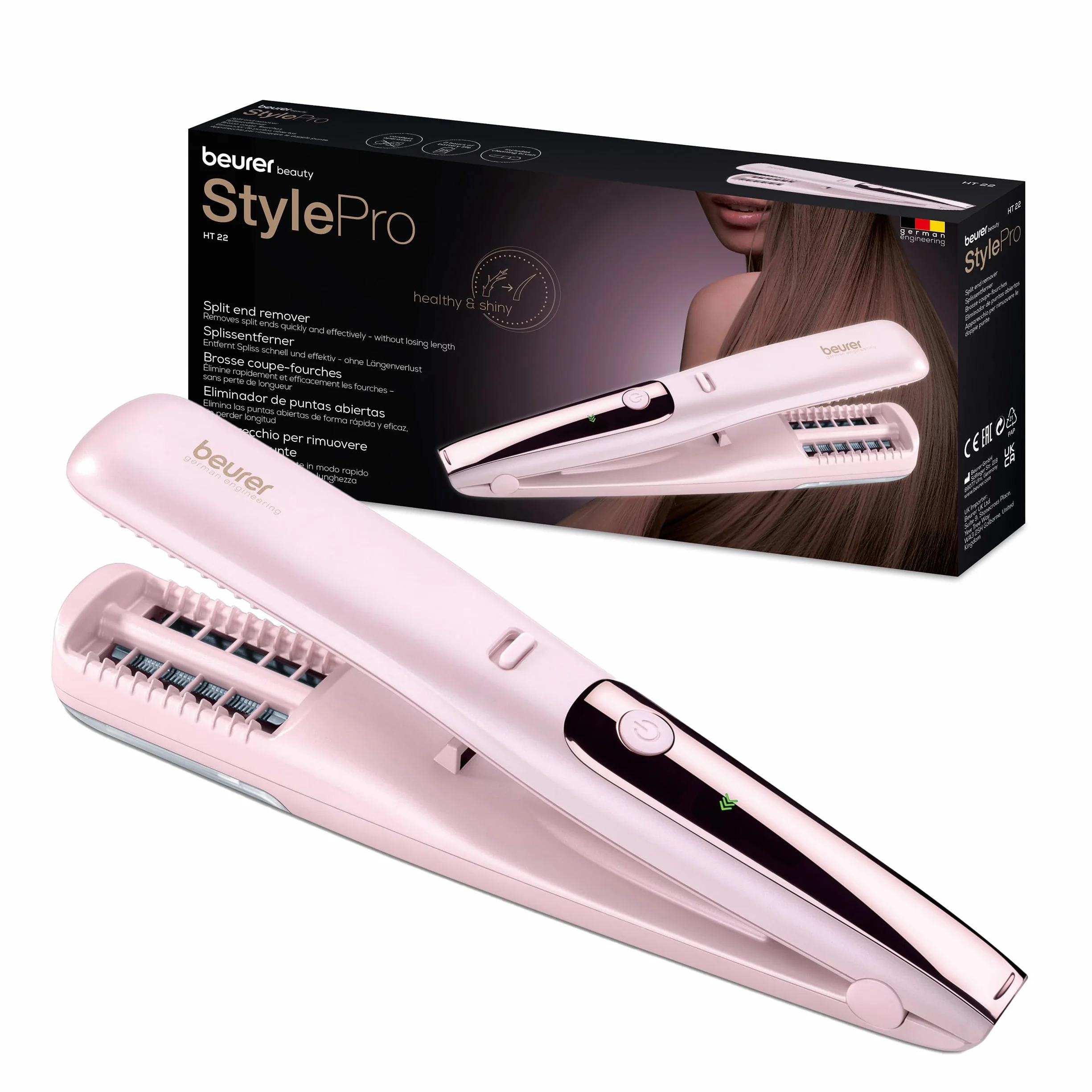 Beurer HT 22 Splissentferner, entfernt Spliss und kaputte Haarspitzen schnell und effektiv, ohne Längenverlust für gesundes Haar, mit LED-Anzeige, 2h Akkulaufzeit , rosa