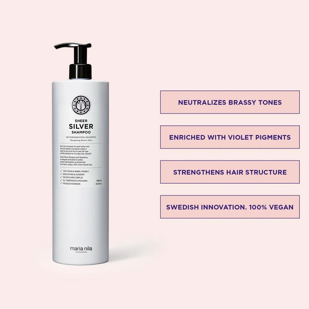 Maria Nila Silver Shampoo blondes Haar Damen, Sheer Silver Anti Gelbstich Shampoo mit Brombeerextrakt, Haarshampoo Frauen für blondiertes und graues Haar (vegan, sulfat- und parabenfrei), 350 ml