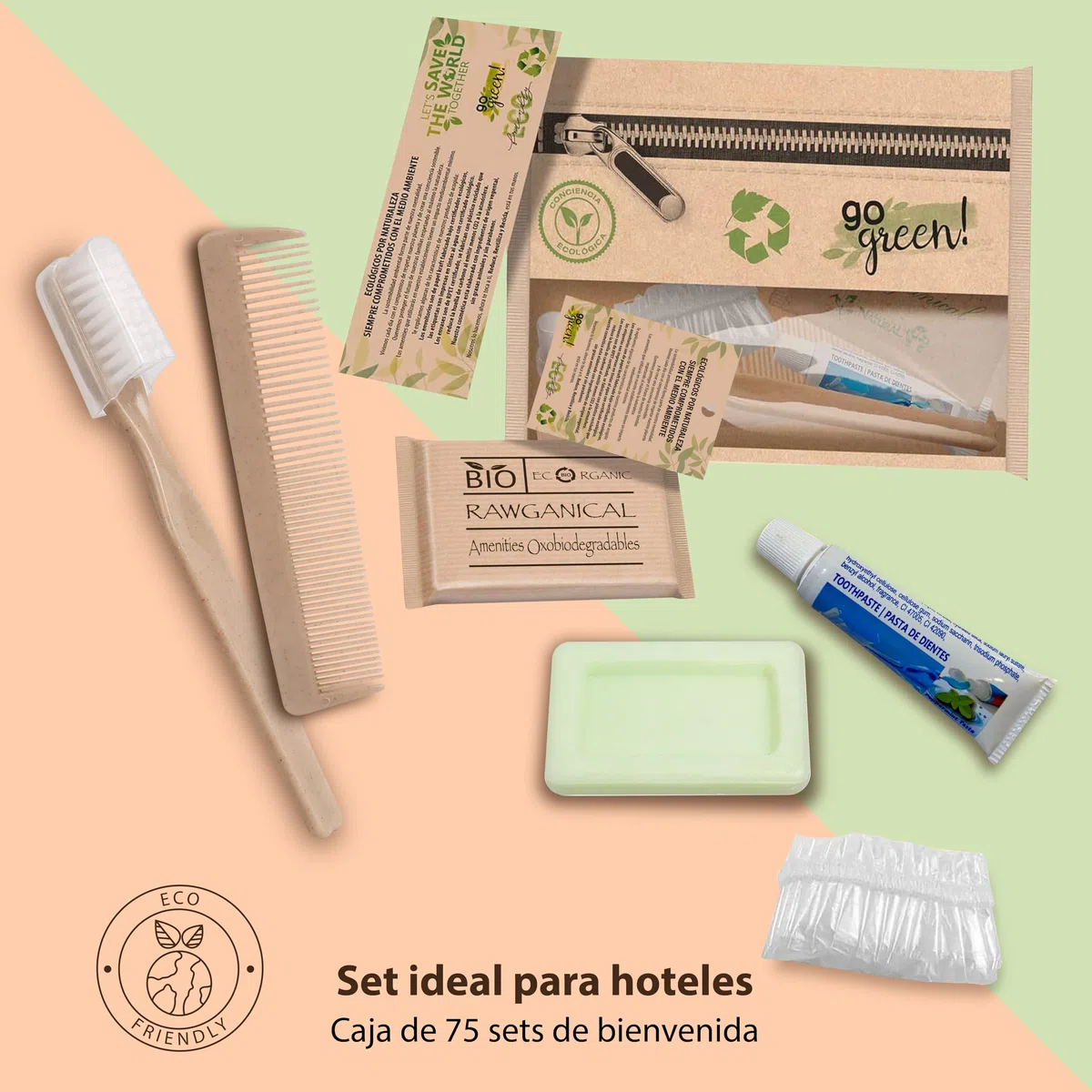75 Sets Hotelbegrüßungssets, 5 Stück, 100 % umweltfreundlich, Kulturbeutel Bio Eco | persönliches Hygiene-Set Bio-Hotel | Hotelwillkommen-Set