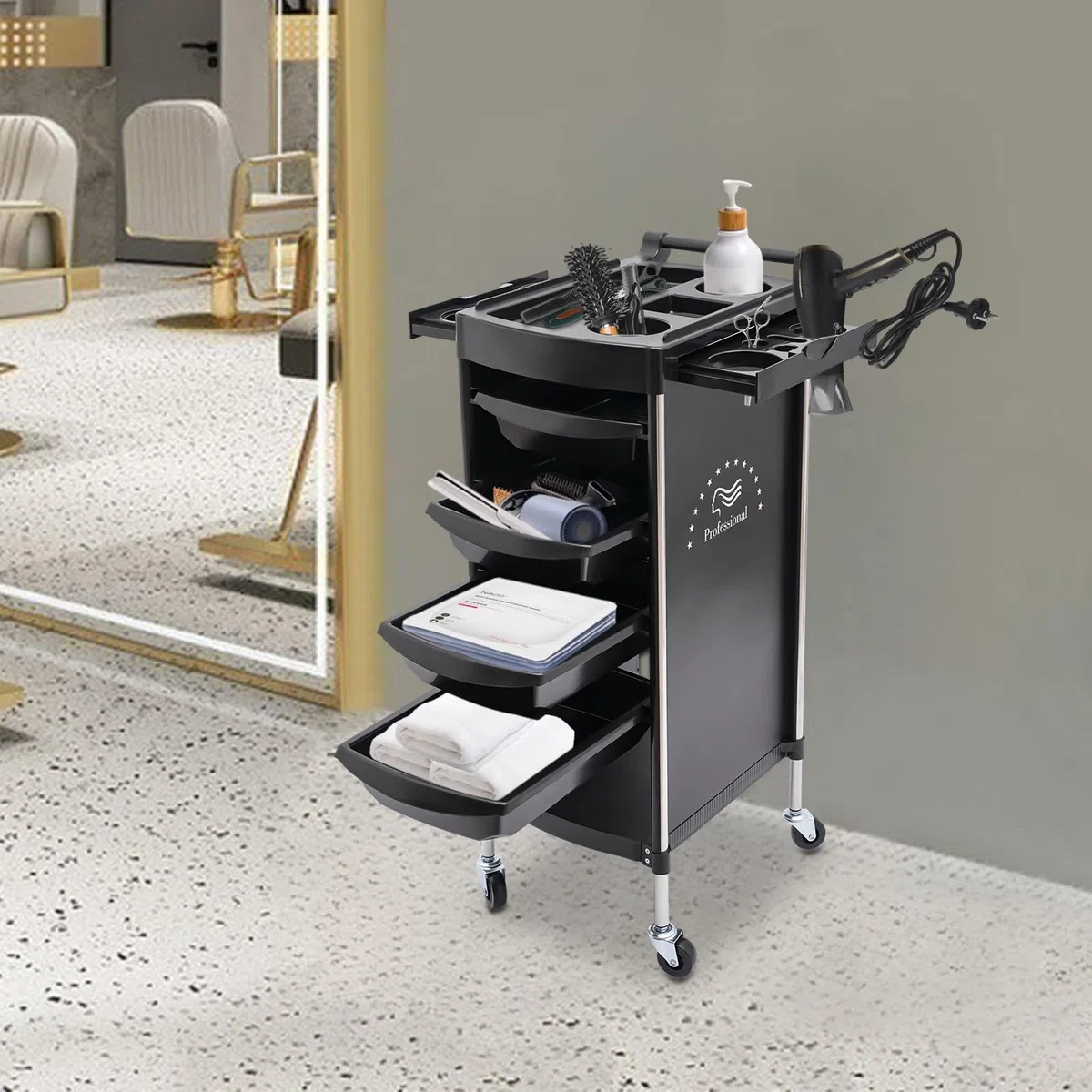 MINRS Friseurwagen mit 4 Schubladen und Rollen Arbeitswagen für Stylist Haarstyling SPA Schwarz
