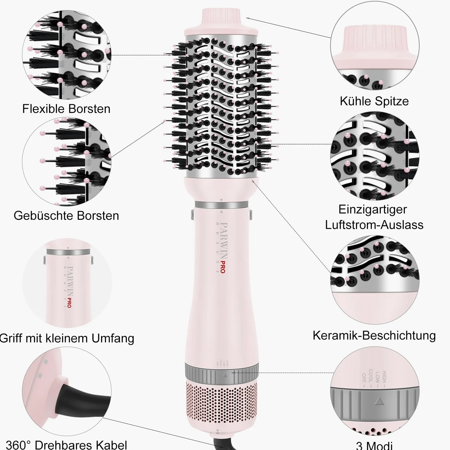 4 IN 1 Haartrockner Warmluftbürste Set, PARWIN PRO BEAUTY Styler-Set, Föhnbürste Lockenbürste mit 4 Aufsätze zum Trocknen, Glätten, Volumen und Stylen, Ionen Pflege, Geschenke machen(Rosa)