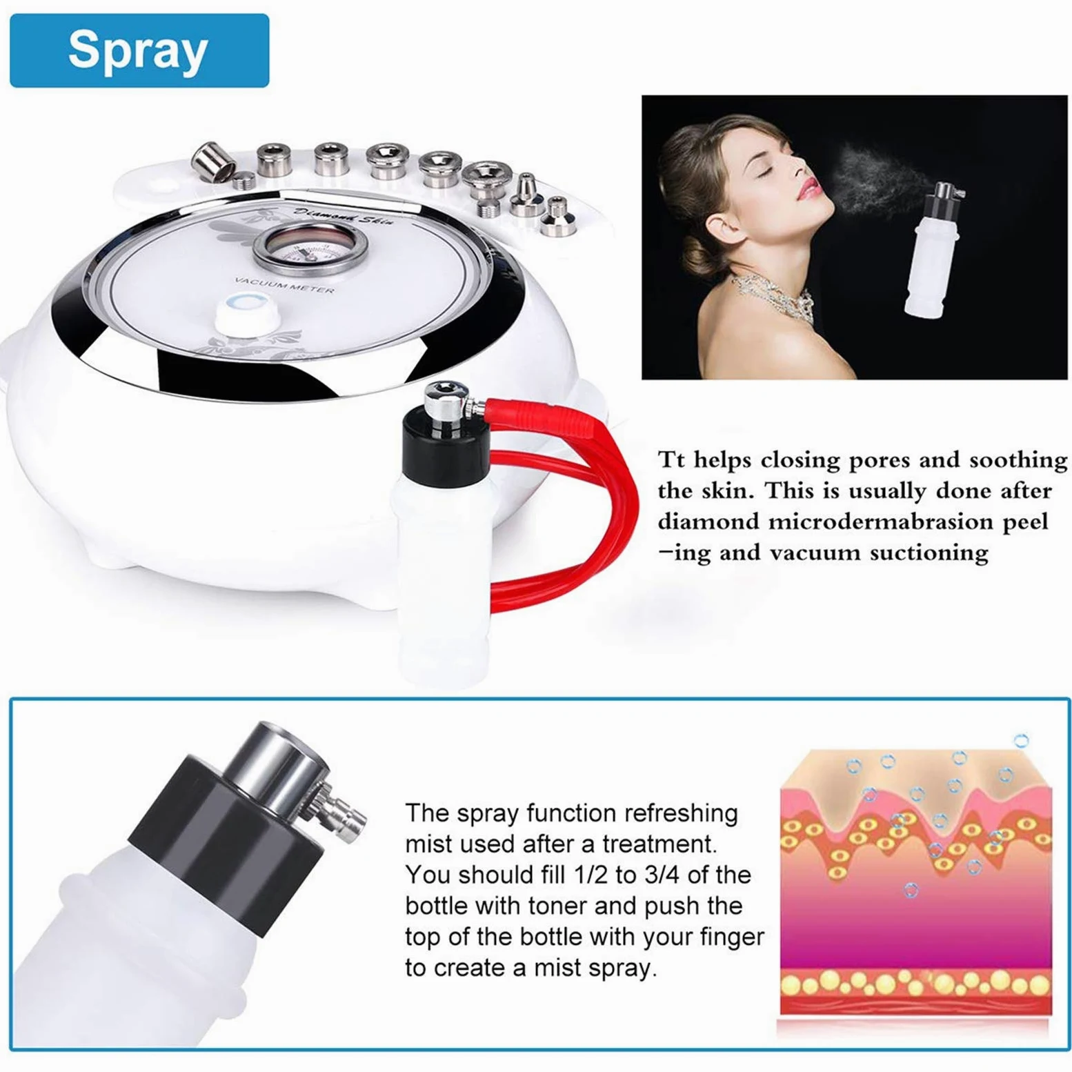 TwoWin Diamant Mikrodermabrasion Dermabrasion Maschine, 3 in 1 Professionelle Hautverjüngung Akne Faltenbehandlung Salonausstattung für Gesicht mit Vakuum und Spray (Starke Saugkraft: 65-68 cmhg)