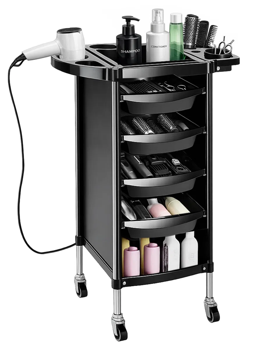 Friseurwagen mit 4 Schubladen – Rollbarer Beauty-Organizer mit Seitenschale & Föhnhalter, mobiler Barbier-Tool-Wagen für Salon, Spa & Zuhause