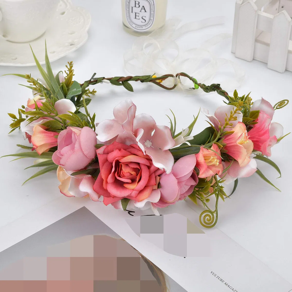 Blumenkrone für Damen, Boho-Stil, Blumenkranz, Blumenkranz, Halo-Kopfschmuck mit Band, Hochzeit, Party, Fotos, rosig