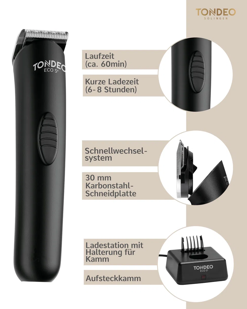 TONDEO Haarschneidemaschine ECO S PLUS schwarz Profi Trimmer mit Ladestation und Aufsteckkamm 3-7,5 mm