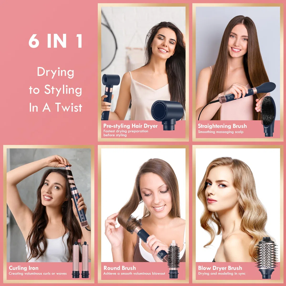 NDLT Hairstyler 6 in 1 Airstyler, 120.000 RPM Haarstyler mit Hochkonzentrierter Ionen-Technologie, Warmluftbürste, Haartrockner, Glättungsbürste & Lockenstab für schnelles Trocknen, Glätten und Locken