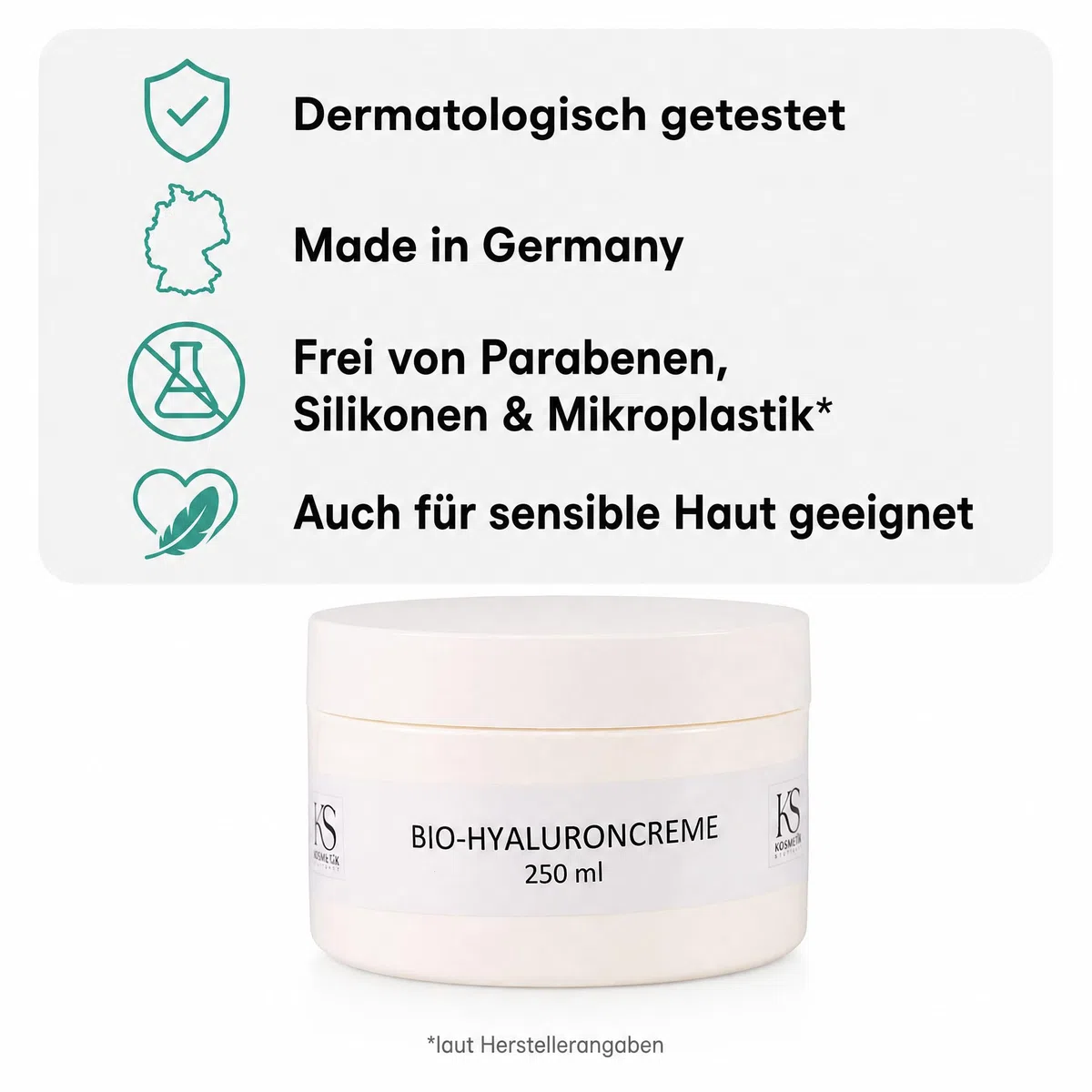 KS Beauty Bio Hyaluroncreme, Tages- & Nachtcreme für trockene Haut, 250 ml | Reichhaltige Feuchtigkeitscreme mit Hyaluronsäure, Q10, Niacinamid & Aloe Vera – dermatologisch getestet, Made in Germany