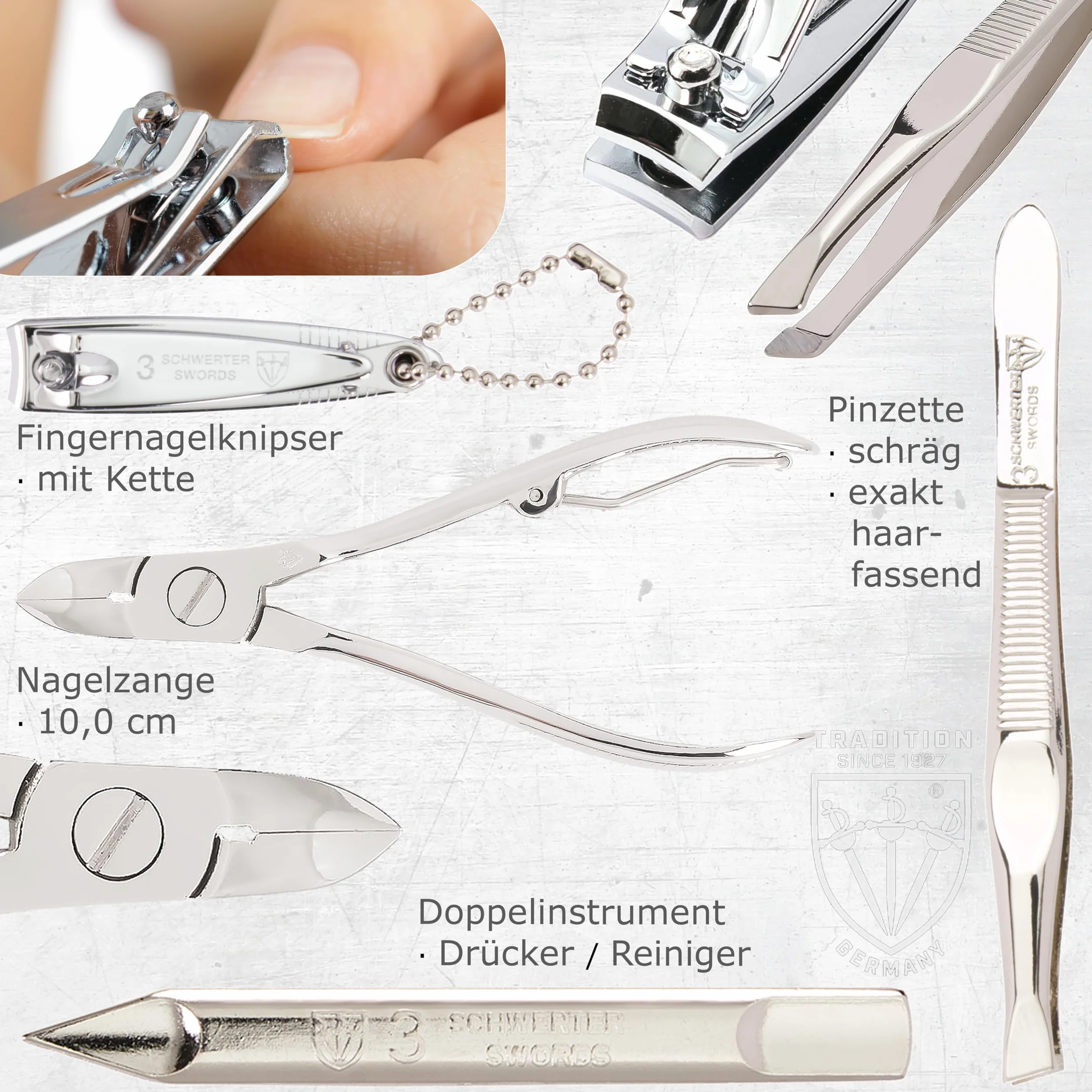 DREI SCHWERTER Germany Maniküreset Nagelnecessaire 'Andria' - 8-tlg. aus schwarzem Kunstleder, Inhalt: Nagelschere, Nagelzange, Glasnagelfeile, Hautschere, Pinzette und vieles mehr!