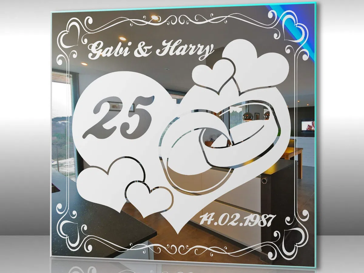 Spiegel mit Gravur zur Silbernen Hochzeit 1 ★ Wandbild ★ Hochzeitstag ★ Ehe ★ Hochzeitsgeschenk ★ 25 Jahre ★ personalisiert