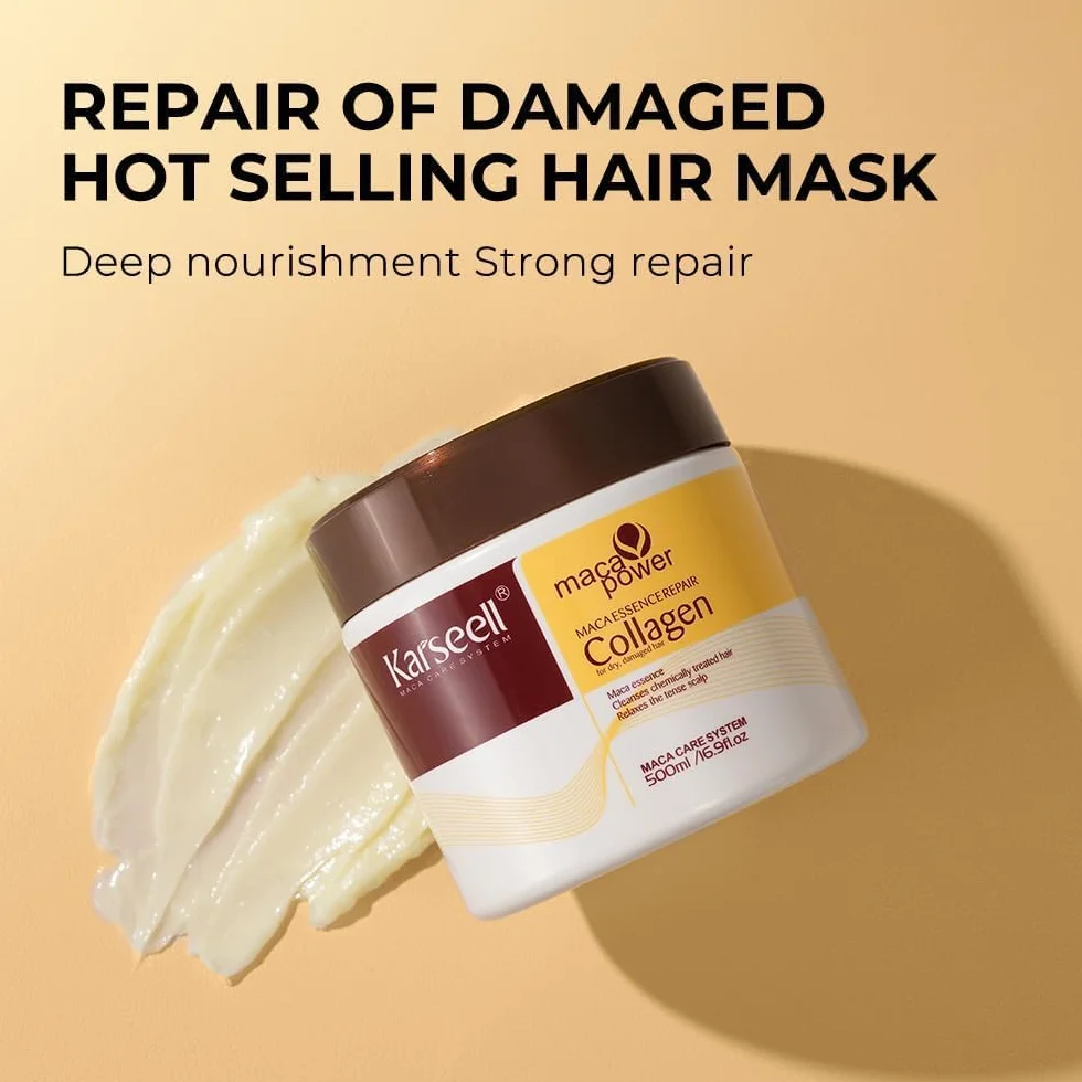 Karseell Maca Essenz Reparatur Set, Kollagen Haarmaske & Haaröl Tiefenreparatur Haarpflege für Trockenes Geschädigtes Haar Alle Haartypen 500ml + 50ml