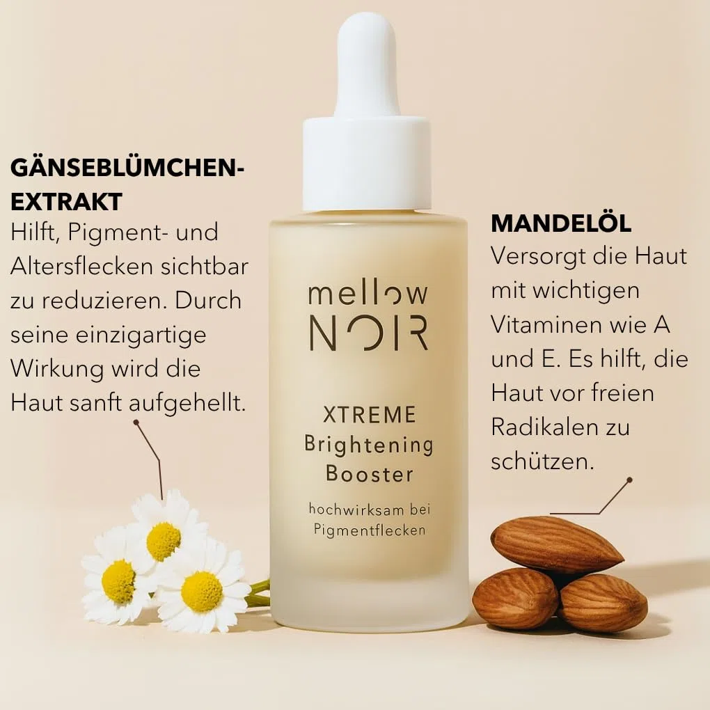 mellow NOIR XTREME Brightening Booster 30ml - Anti Pigmentflecken Serum - Reduziert dunkle Flecken, Altersflecken & Pickelmale im Gesicht und auf der Haut - Vegan - Zertifizierte Naturkosmetik