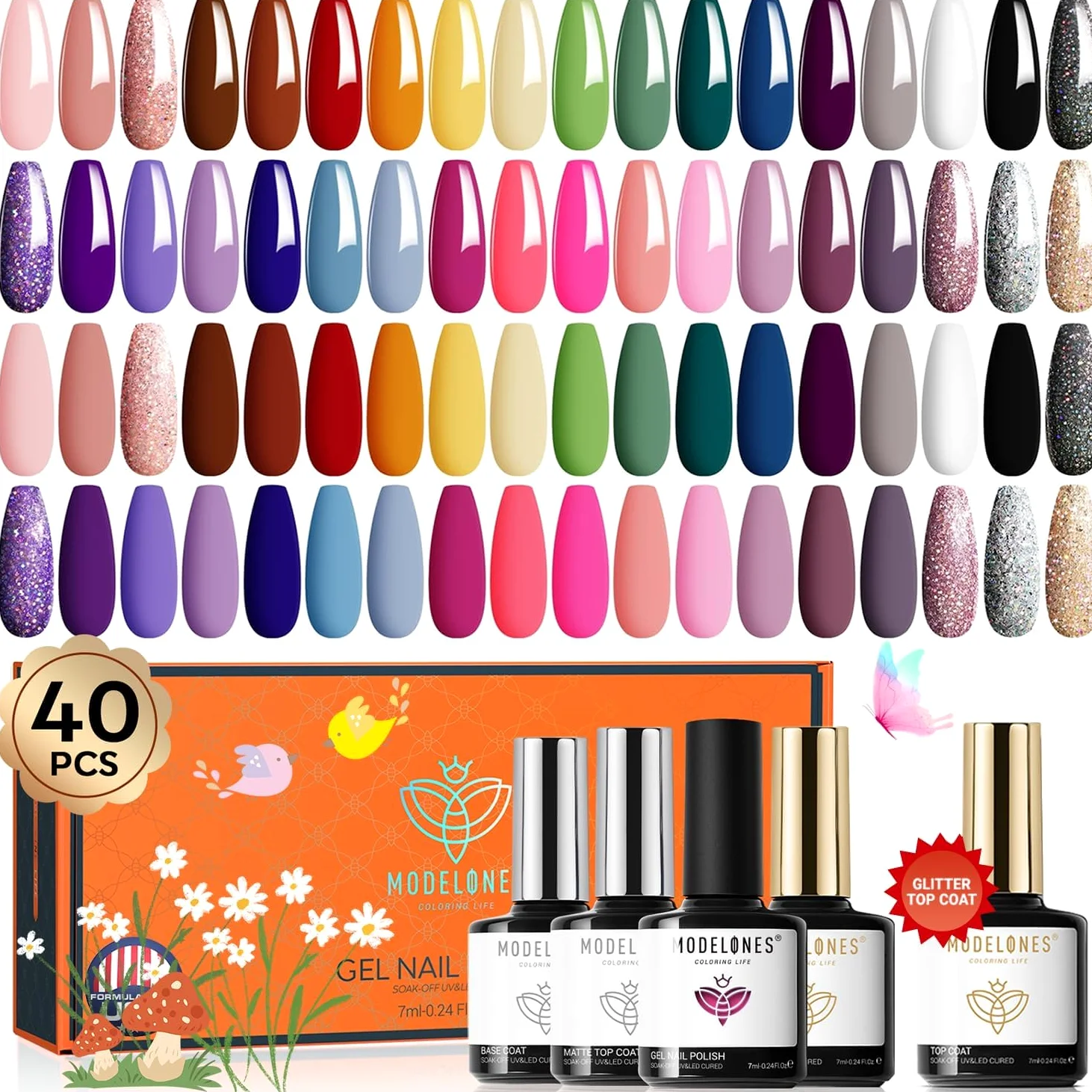 modelones UV Nagellack Set 40 PCS, 36 Farben Rot Glitzer Rosa Weiß Schwarz Gel Lack,Nail Polish Soak Off,Gellack für Nagelstudio Desig Base& Matt& Glitter& Top Coat LED Nail Art Maniküre