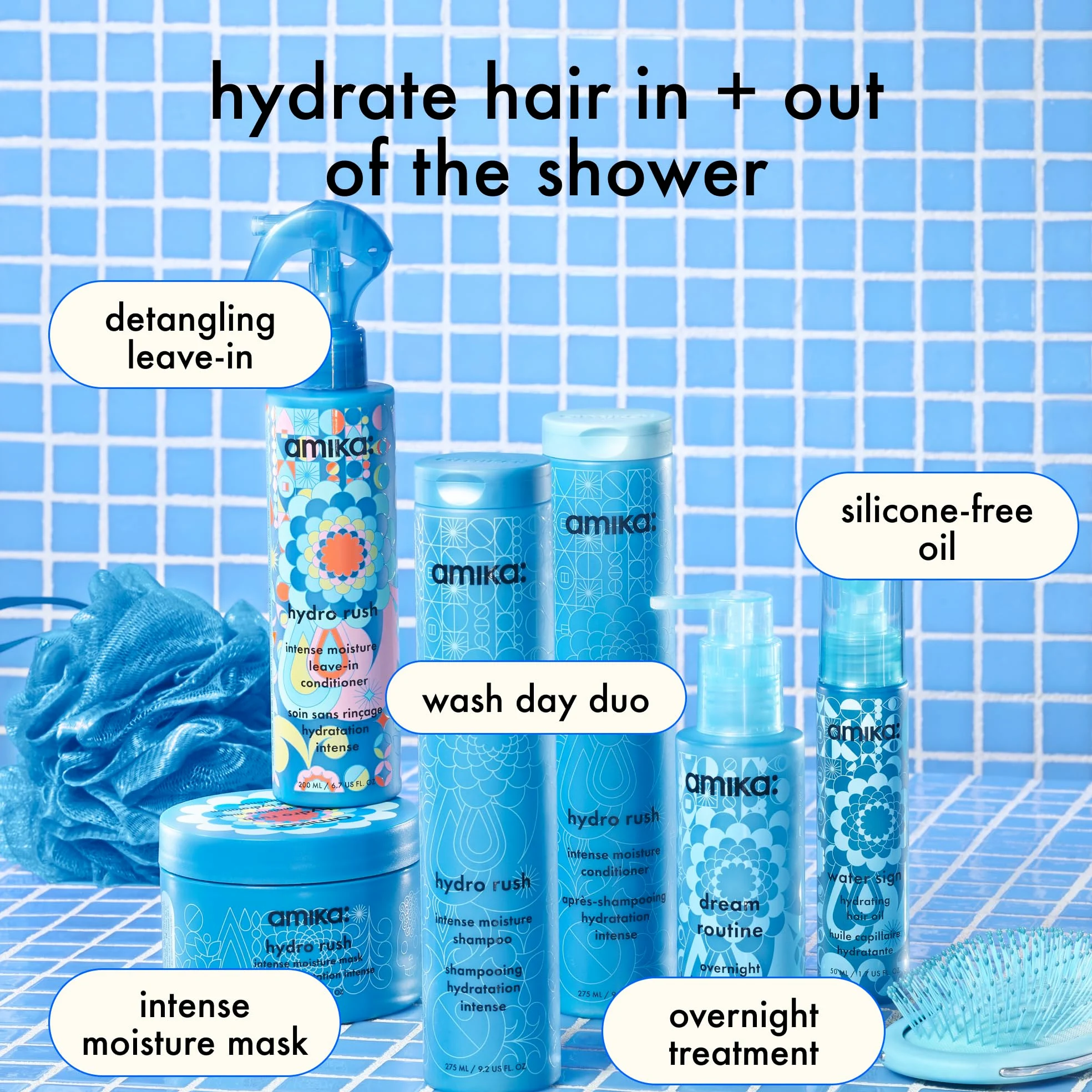 amika hydro rush intense moisture hair mask - Hydrating hair care for dry + textured strands - deep conditioner enriched with hyaluronic acid + squalane - provides long-lasting hydration (500ml)