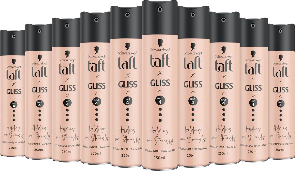 Taft x Gliss Holding me Strongly Haarspray Haltegrad 4 (10 x 250 ml), Styling Spray gibt starken Halt für alle Haartypen, Haarspray ohne Silikone mit Arganöl und Provitamin B5