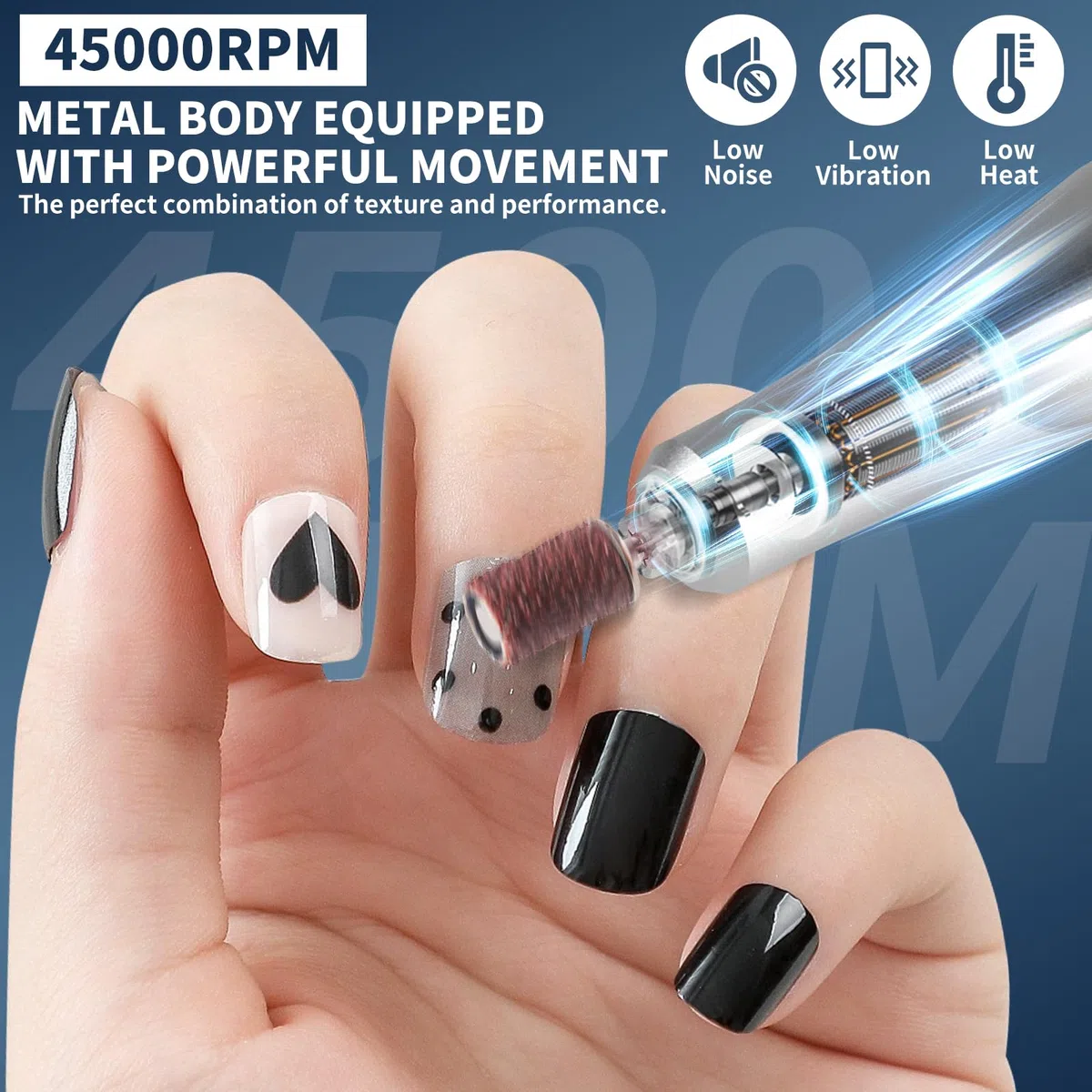 LIMEGIRL Professionelles elektrisches Nagelfeilenbohrer-Set, 45000 U/min, für Acryl-Zehennagel-Maschine, mit 14 Bohrern, Farbverlauf, weißer Glitzer, tragbar, wiederaufladbar, kabellos