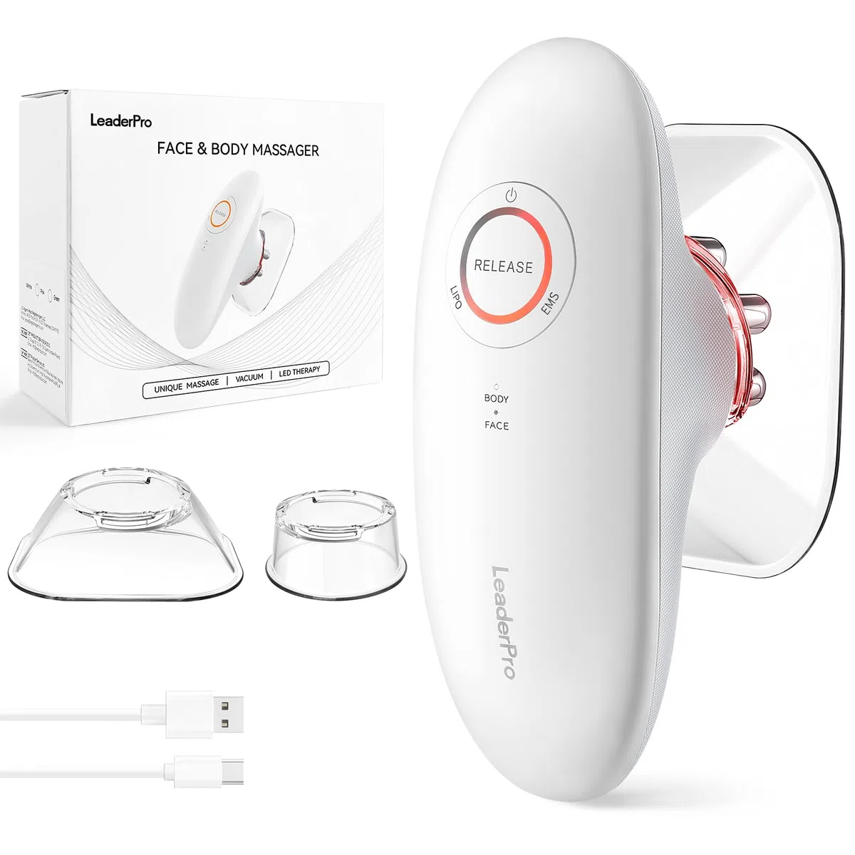 Schröpfmassagegerät mit EMS & Rotlicht, 2-in-1 Körper & Gesichtsmassage, Massagegerät für Straffere Haut, Massage durch Elektrische Stimulation,Anti Cellulite Massagegerät für Bauch,Weiß,mit 100ml Gel