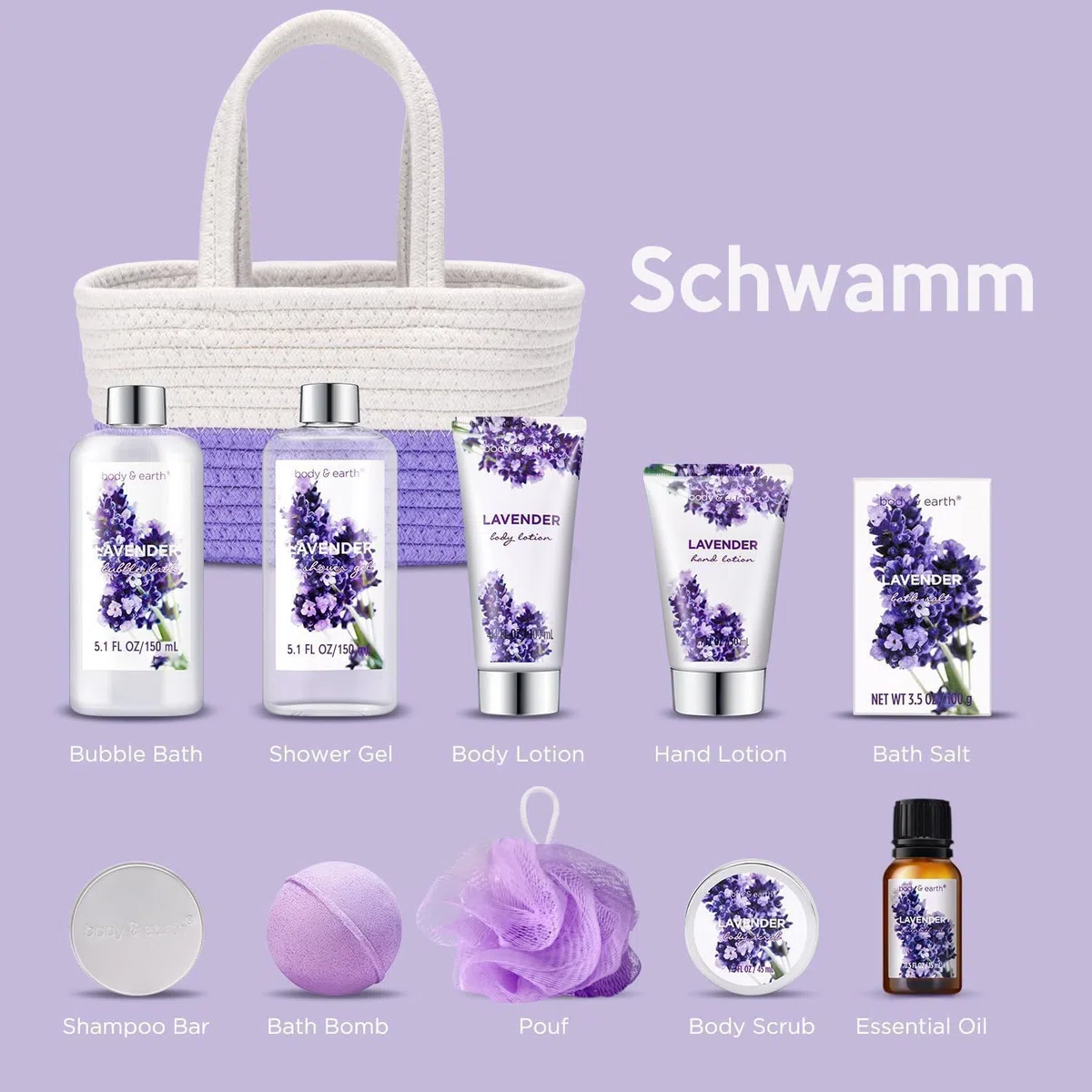 BODY & EARTH Geschenkset für Frauen 11 tlg. Badeset Lavendel Duft Wellness Set