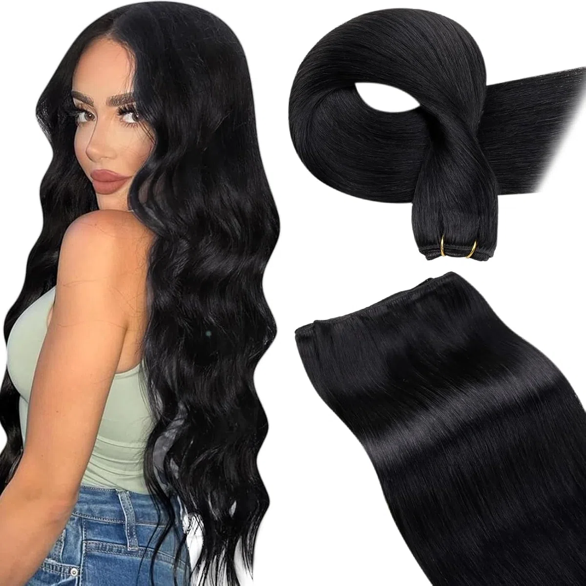 LaaVoo 60cm Echthaar Tressen zum Einnähen Schwarz #1 Remy Menschliches Haar 120g Glatt Extensions