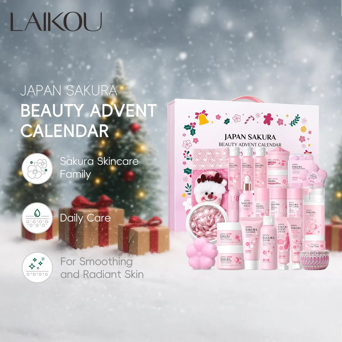 LAIKOU Beauty Adventskalender 2025 Frauen, 24-teiliges Sakura Gesichtspflege Set Damen, Weihnachtsgeschenk für Frauen Mädchen & Teenager