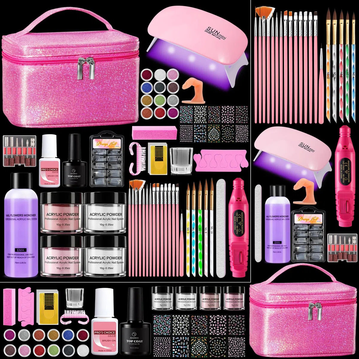 Acryl Nagelset Starterset für Anfänger: 4 Farben Acrylpulver für Nägel mit Übungsfinger Lampe Nagelfräser - Acryl Pulver Nails Selber Machen Nagelstudio Set in Glitter Tasche für Salon (Rose Rot)