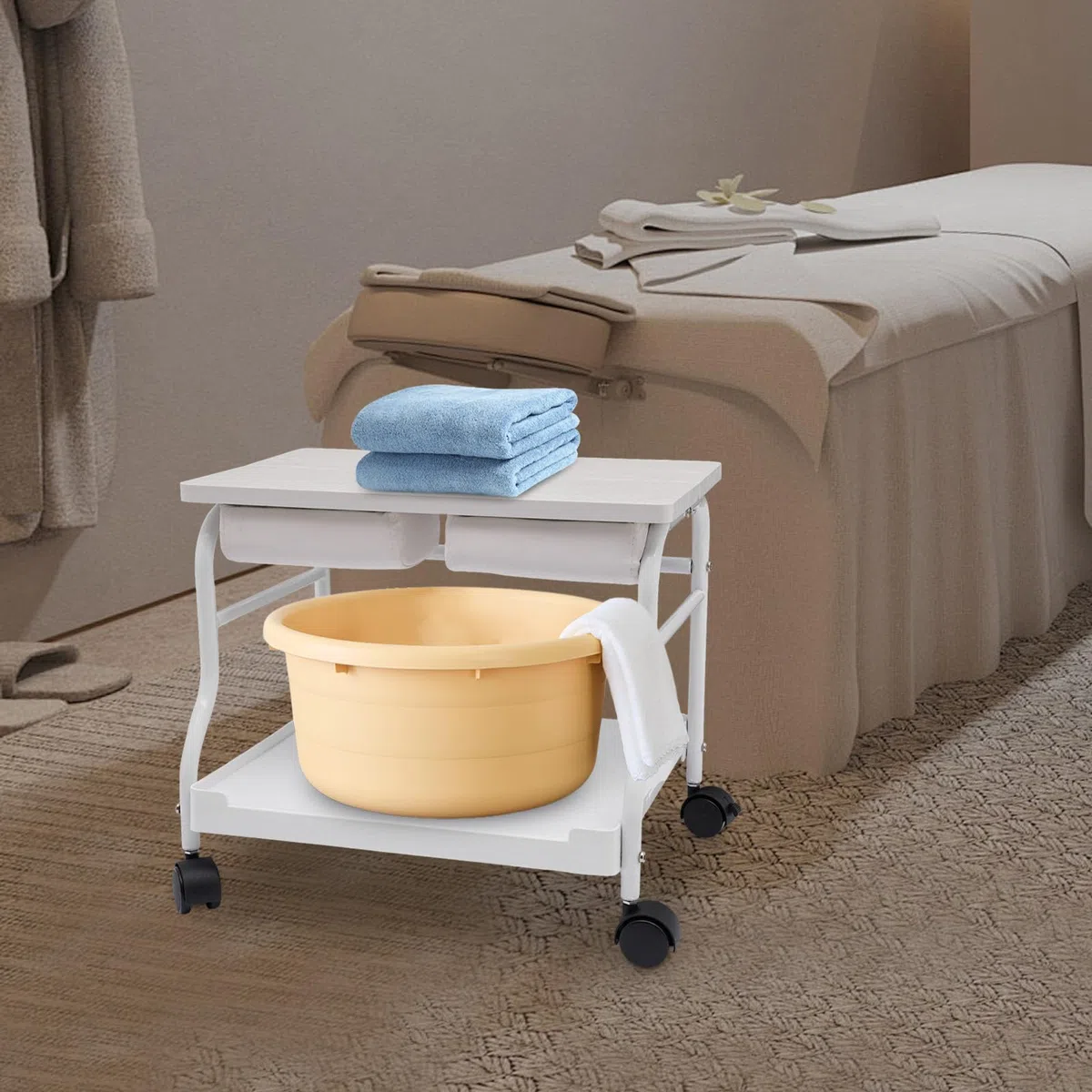 Fußbad Spa Tragbar Trolley, mit Zusammenklappbarer Tischplatte und Klein Lenkrollen, Fußstütze Pediküre Maniküre Funiture Massage Tisch Salon für Fußbäder, Fußmaniküre, Fußmassagen