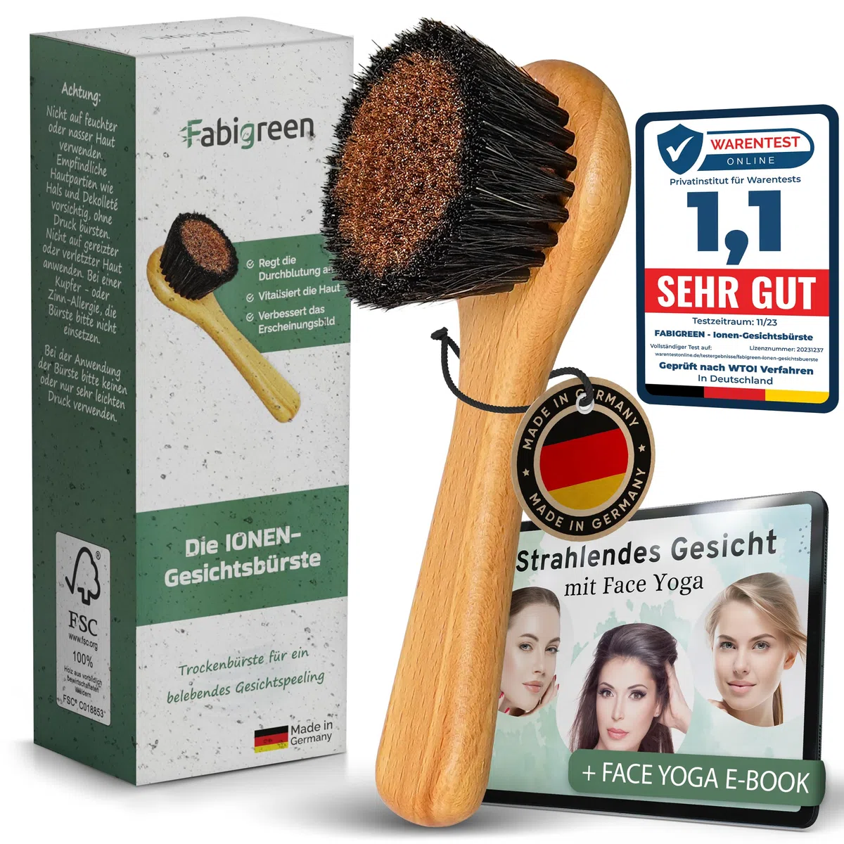 Gesichtsbürste Kupfer Original [MADE IN GERMANY] Peeling Trockenbürste Gesicht inkl. E-Book mit Face Yoga & Anwendungstipps Ionic face dry brush Klosterbürste FSC Buchenholz& plastikfrei
