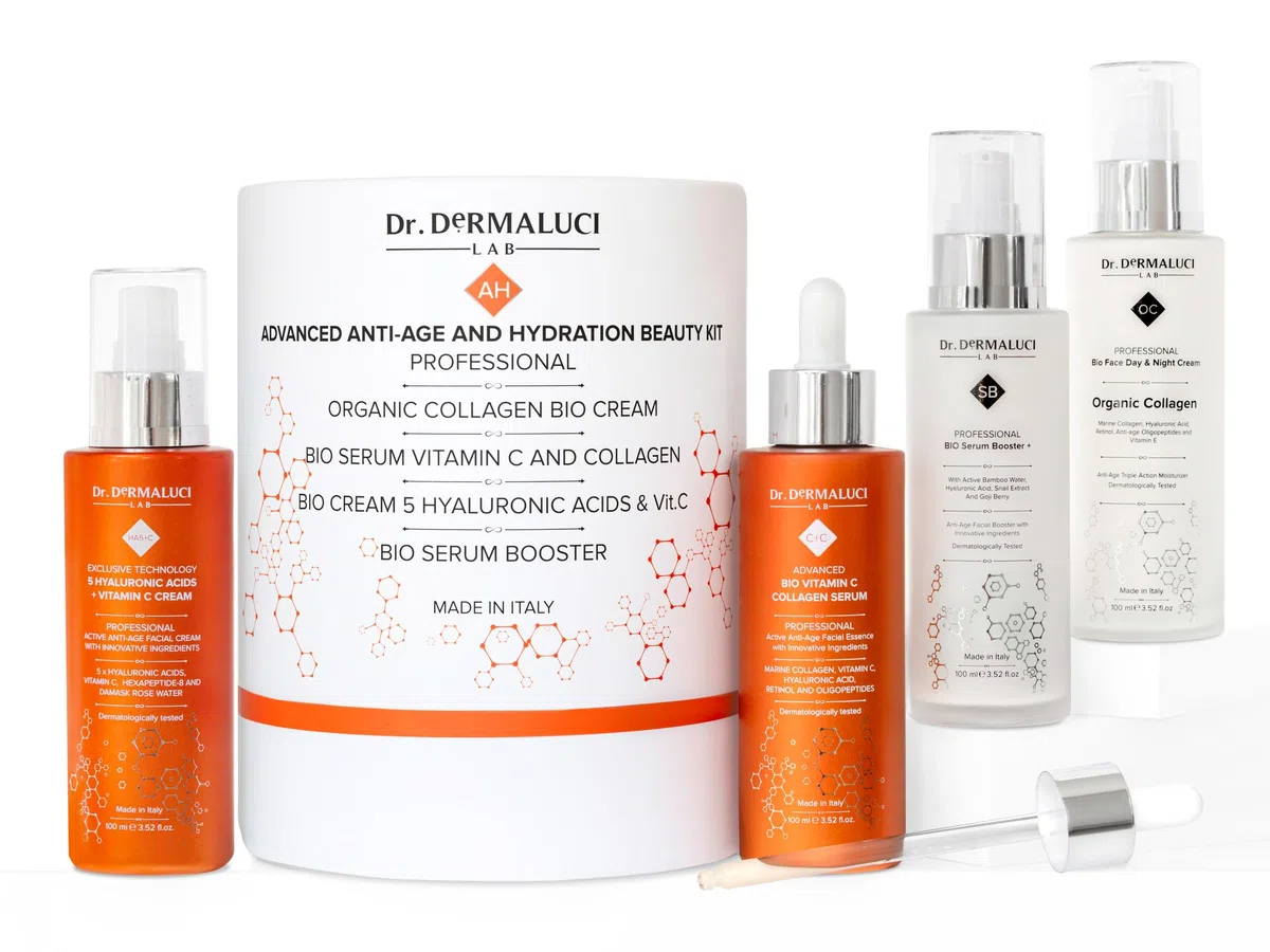 Dr. Dermaluci Lab Geschenkset Damen Herren Mama Geburtstag Anti-Aging - Pflegen, Straffen, Strahlen - Vitamin C, Marine Kollagen, 5 Hyaluronsäuren, Retinol - AIAB BIO, Made in Italy - 400ml