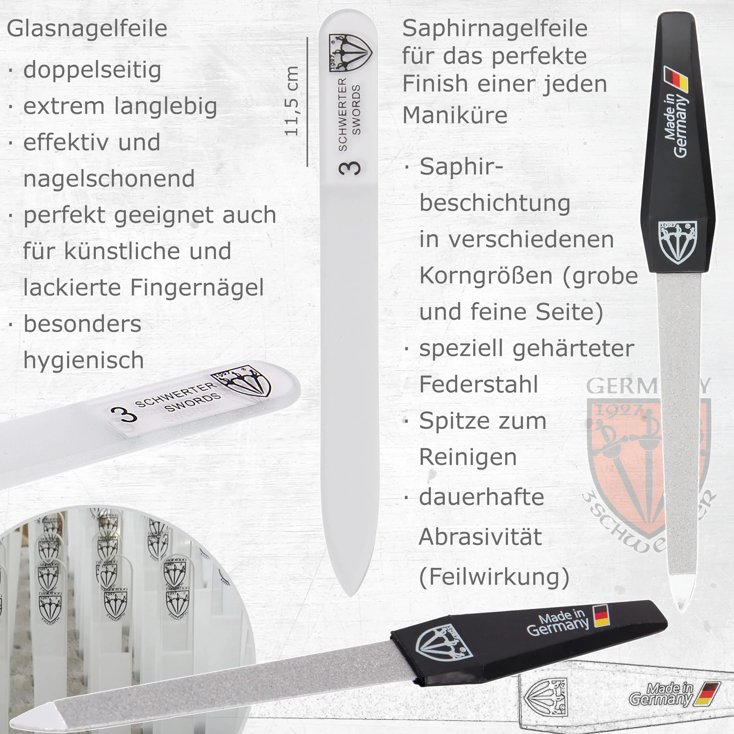 DREI SCHWERTER Germany Maniküreset Nagelnecessaire 'Andria' - 8-tlg. aus schwarzem Kunstleder, Inhalt: Nagelschere, Nagelzange, Glasnagelfeile, Hautschere, Pinzette und vieles mehr!