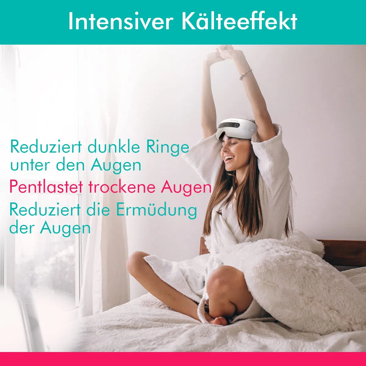 A80 Augen Massagegerät mit 4 Modi, Bluetooth Musik gegen Migräne | Wärme- und Kühlfunktion mit Shiatsu Akupressur sowie verstellbarem Riemen, Weiß