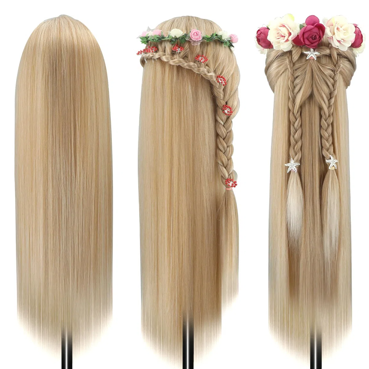 Trainingsköpfe, 28 inch Übungskopf Frisierkopf Friseur 100% Synthetikfaser-Haar Styling Kopf Frisierkopf für Frisöre mit kostenloser Klemme und DIY Flechtset (Hellbraun)