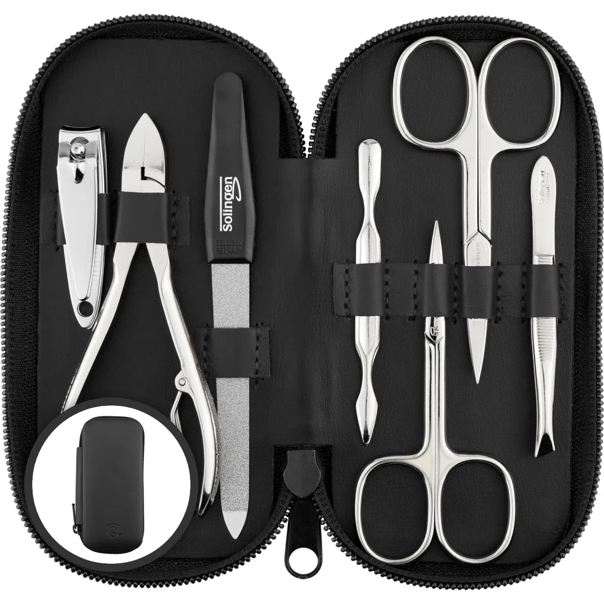 marQus Solingen Maniküre Set Herren und Damen 7 Teile mit Nagelzange - Made in Germany für Hand- und Fußpflege - Echt Leder Etui handlich und weich