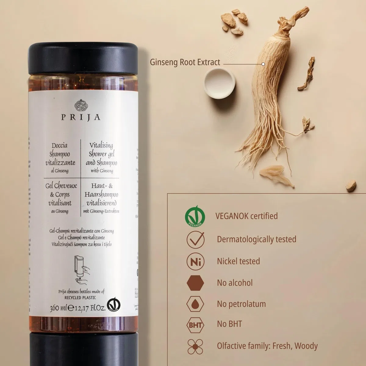 Prija Haut & Haarshampoo vitalisierend mit Ginseng 360 ml Cysoap Drückspender Kartusche für Spender. Flakon Hair & Body Duschgel Hotel Spa Wellness Appartments (18x 360ml)