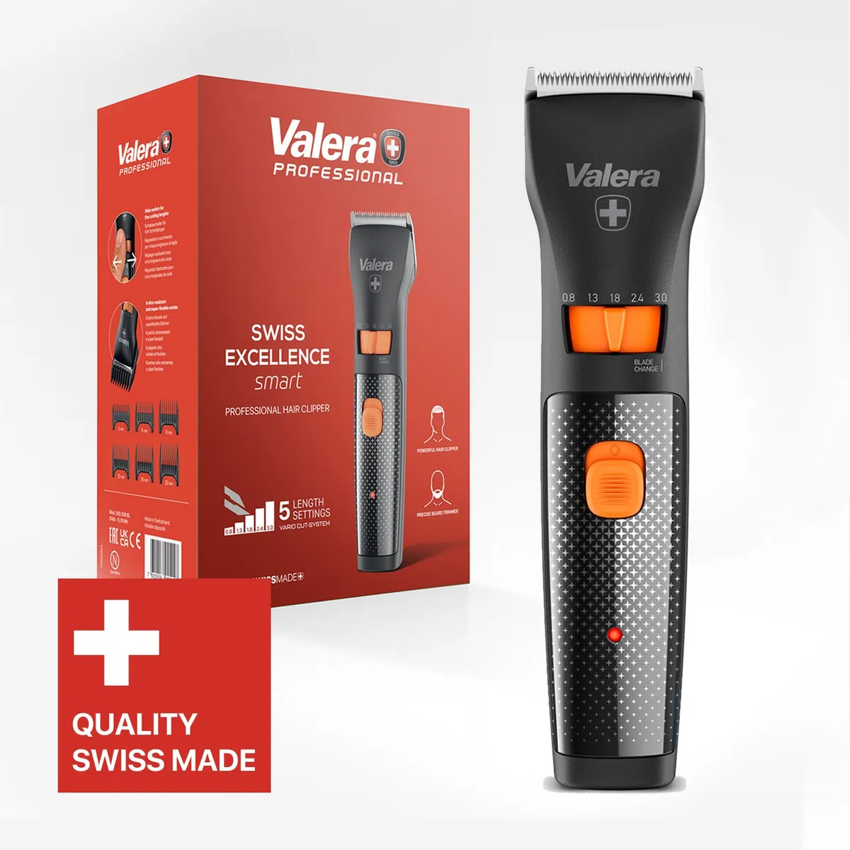 Valera Swiss Excellence Smart, Haarschneidemaschine,Durablade-Klingen 46 mm | Schwarz,5 Schnittstufen, 6 Aufsteckkämme,Akku- und Netzbetrieb,Inklusive Batterie, 100-240 V, Swiss Made