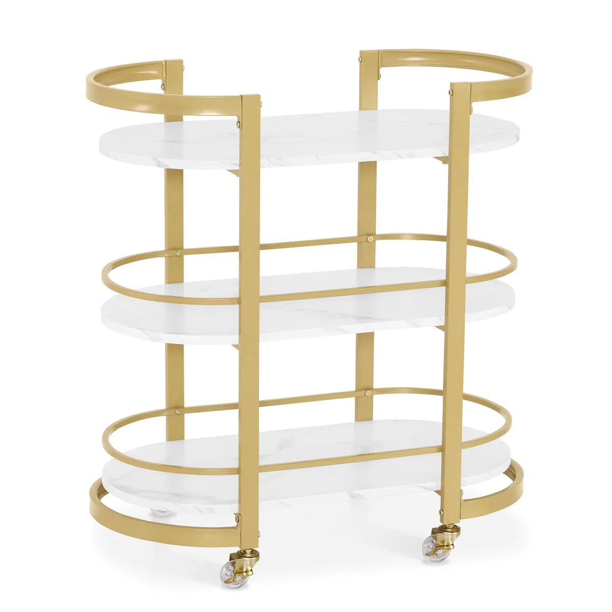 M MCombo Servierwagen mit Rollen, Küchenwagen Barwagen Metallgestell Weiß-Gold, 3 Ebenen, 40x75,5x80