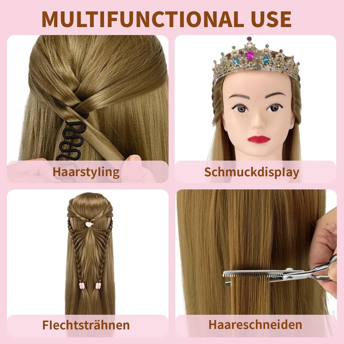 Trainingskopf 28 Zoll Hochtemperaturfaser Haar für Friseure DIY Frisuren Set Gold